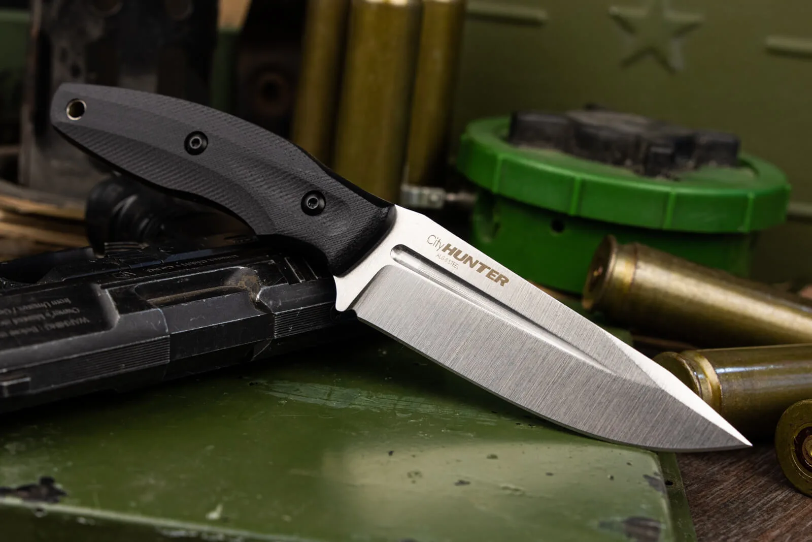 Нож Kizlyar Supreme CITY HUNTER AUS-8 SW G10-BH PS (StoneWash, Black G10 Handle, Polyamide Sheath)