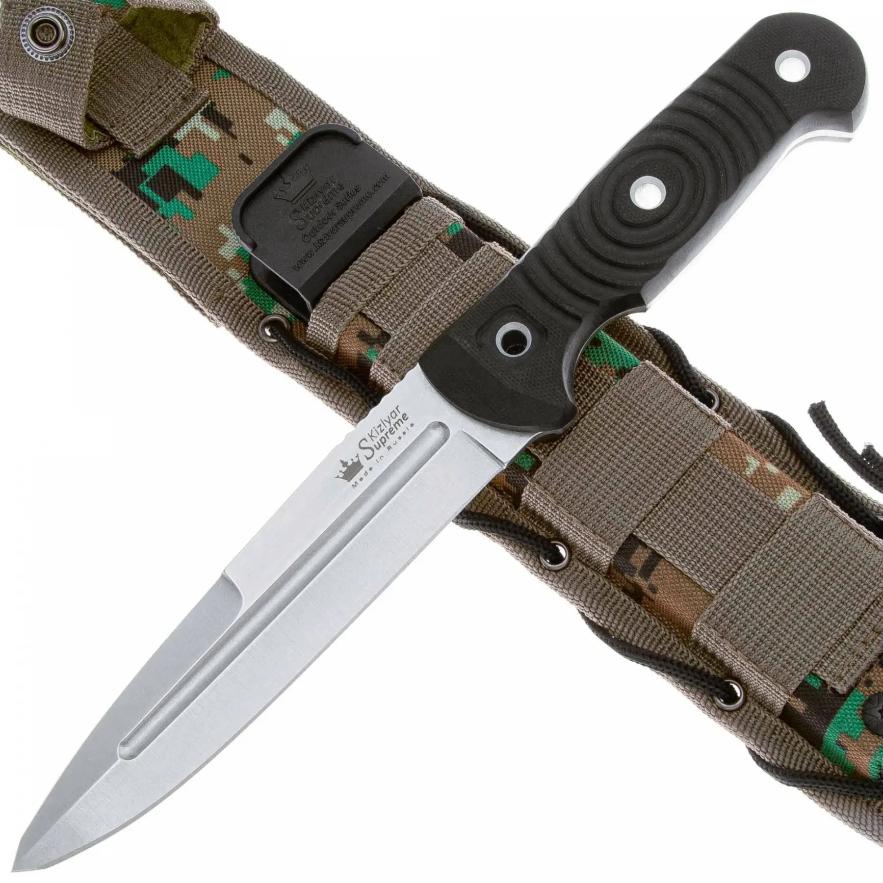 Нож Kizlyar Supreme LEGION AUS-8 SW G10-BH CAMO (StoneWash, G10 Black Handle, CAMO MOLLE Sheath)